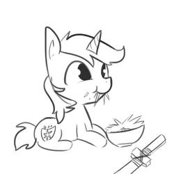 Size: 1650x1650 | Tagged: safe, artist:tjpones, derpibooru import, shining armor, pony, unicorn, eating, foal, hay, herbivore, horses doing horse things, monochrome, sketch, solo, wooden sword, younger