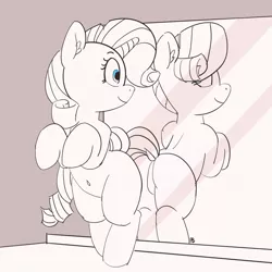 Size: 1280x1280 | Tagged: safe, artist:pabbley, derpibooru import, rarity, pony, 30 minute art challenge, belly button, bipedal, dock, ear fluff, featureless crotch, female, looking back, mare, mirror, partial color, plot, smiling