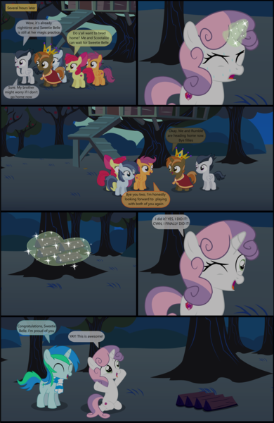 Size: 4551x7001 | Tagged: safe, artist:cyanlightning, derpibooru import, apple bloom, button mash, rumble, scootaloo, shady daze, sweetie belle, oc, oc:cyan lightning, alicorn, pony, comic:cyan's adventure, .svg available, absurd resolution, buttoncorn, colt, comic, cutie mark crusaders, eyes closed, female, filly, king button mash, magic, male, night, one eye closed, open mouth, sweat, vector