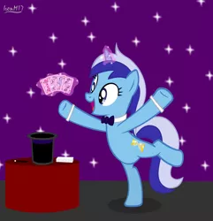 Size: 5765x5978 | Tagged: safe, artist:ironm17, derpibooru import, minuette, pinkie pie, rainbow dash, rarity, twilight sparkle, pony, unicorn, absurd resolution, bowtie, card, card trick, cylinder, female, jack of clubs, jack of hearts, magic, magic aura, magic trick, mare, playing card, queen of diamonds, queen of spades, solo, standing, standing on one leg, table, wand
