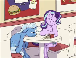 Size: 1280x990 | Tagged: safe, artist:theboxduchess, derpibooru import, starlight glimmer, trixie, pony, unicorn, date, fast food, fastfood restaurant, female, food, french fries, lesbian, one eye closed, shipping, sitting, smiling, smirk, startrix, table, unamused