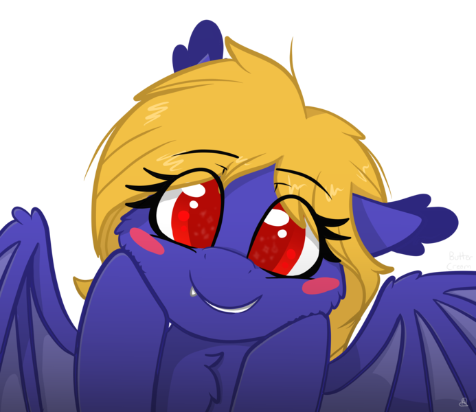 Size: 3352x2903 | Tagged: safe, artist:alie4derpy, derpibooru import, oc, oc:butter cream, unofficial characters only, bat pony, bat pony oc, blushing, blush sticker, bust, cheek fluff, cheek squish, chest fluff, cute, eyelashes, female, hooves on cheeks, looking at you, mare, portrait, request, simple background, smiling, solo, squishy cheeks, transparent background, weapons-grade cute, wings