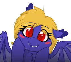 Size: 3352x2903 | Tagged: safe, artist:alie4derpy, derpibooru import, oc, oc:butter cream, unofficial characters only, bat pony, bat pony oc, blushing, blush sticker, bust, cheek fluff, cheek squish, chest fluff, cute, eyelashes, female, hooves on cheeks, looking at you, mare, portrait, request, simple background, smiling, solo, squishy cheeks, transparent background, weapons-grade cute, wings