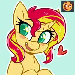 Size: 512x512 | Tagged: safe, artist:esmeia, derpibooru import, sunset shimmer, pony, unicorn, blush sticker, blushing, bust, curved horn, cute, emoji, emoticon, female, heart, looking away, mare, open mouth, request, requested art, shimmerbetes, smiling, solo