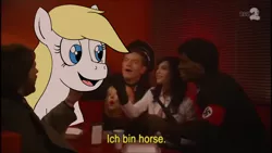 Size: 1366x768 | Tagged: aryan pony, cute, danger 5, derpibooru import, edit, edited screencap, human, nazi, nazi armband, oc, oc:aryanne, petting, safe, screencap, swastika, table, unofficial characters only