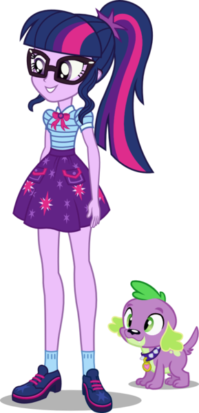 Size: 578x1200 | Tagged: safe, artist:seahawk270, derpibooru import, sci-twi, spike, spike the regular dog, twilight sparkle, dog, a fine line, equestria girls, equestria girls series, clothes, geode of telekinesis, glasses, magical geodes, ponytail, shoes, simple background, skirt, smiling, socks, transparent background, vector