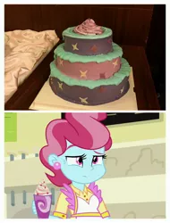 Size: 3106x4096 | Tagged: safe, derpibooru import, edit, screencap, cup cake, starlight glimmer, equestria girls, no second prances, cake, china ponycon, defictionalization, food, irl, photo, raised eyebrow, unamused