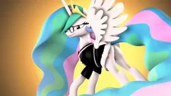 Size: 1920x1080 | Tagged: safe, artist:loveslove, derpibooru import, princess celestia, alicorn, pony, 3d, clothes, crown, cutie mark, dress, ethereal mane, ethereal tail, female, flowing mane, flowing tail, glasses, jewelry, lidded eyes, mare, multicolored mane, multicolored tail, plot, praise the sun, purple eyes, regalia, royalty, smiling, solo, spread wings, stupid sexy celestia, sunbutt, tiara