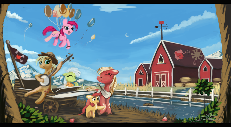 Size: 10080x5543 | Tagged: safe, artist:auroriia, derpibooru import, apple bloom, applejack, big macintosh, granny smith, pinkie pie, earth pony, pony, absurd resolution, balloon, banjo, barn, female, filly, floating, floppy ears, male, mare, musical instrument, scenery, stallion, then watch her balloons lift her up to the sky, wagon