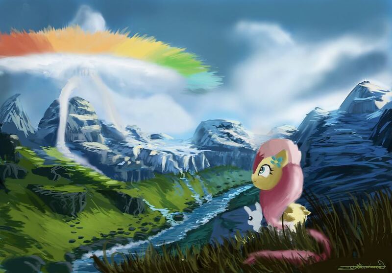 Size: 960x669 | Tagged: safe, artist:auroriia, derpibooru import, fluttershy, pony, implied rainbow dash, nature, rainbow, scenery, solo, sonic rainboom