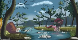 Size: 1728x900 | Tagged: safe, artist:auroriia, derpibooru import, gummy, pinkie pie, rainbow dash, earth pony, pony, carrying, cloud, eyes closed, female, mouth hold, nature, river, scenery, sky, tree
