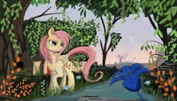 Size: 1182x675 | Tagged: safe, artist:auroriia, derpibooru import, fluttershy, pony, flower, nature, river, scenery, solo