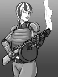 Size: 750x1000 | Tagged: amputee, artist:wwredgrave, black and white, body armor, combat shotgun, cyborg, derpibooru import, fallout equestria, fallout equestria: project horizons, female, grayscale, gun, human, humanized, humanized oc, monochrome, oc, oc:blackjack, prosthetic limb, prosthetics, safe, shotgun, sketch, smoke, solo, unofficial characters only, weapon