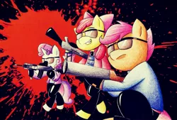 Size: 3275x2213 | Tagged: safe, artist:mustachedbain, derpibooru import, apple bloom, scootaloo, sweetie belle, pony, badass, bipedal, black background, clothes, cutie mark crusaders, gun, simple background, sunglasses, weapon