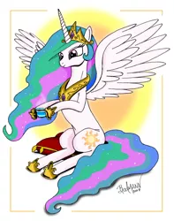 Size: 2406x3059 | Tagged: safe, artist:berlioz-ii, derpibooru import, princess celestia, alicorn, pony, abstract background, cup, cushion, ecstasy of tea, simple background, sitting, solo, teacup