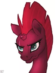 Size: 1612x2160 | Tagged: safe, artist:gotohell, derpibooru import, tempest shadow, pony, unicorn, my little pony: the movie, angry, broken horn, bust, eye scar, frown, portrait, scar, simple background, solo, white background