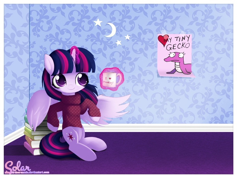 Size: 2000x1500 | Tagged: dead source, safe, artist:songbirdserenade, derpibooru import, twilight sparkle, twilight sparkle (alicorn), alicorn, gecko, pony, book, clothes, cup, cute, female, glowing horn, levitation, magic, mare, mug, my tiny gecko, smiling, solo, sweater, telekinesis, twiabetes