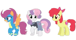 Size: 1029x547 | Tagged: safe, artist:theapplebeauty, derpibooru import, apple bloom, scootaloo, sweetie belle, earth pony, pegasus, pony, unicorn, adult, base used, bow, clothes, cutie mark crusaders, female, hair bow, mare, older, simple background, transparent background, trio, uniform, wonderbolts uniform