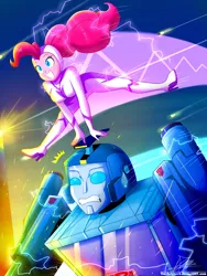 Size: 1020x1360 | Tagged: safe, artist:the-butch-x, derpibooru import, fili-second, pinkie pie, robot, equestria girls, autobot, blurr, boots, clash of hasbro's titans, clothes, crossover, fast, female, grin, high heel boots, power ponies, shoes, signature, smiling, transformers