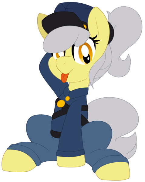 Size: 1311x1647 | Tagged: safe, artist:pearlyiridescence, derpibooru import, oc, oc:osha, unofficial characters only, earth pony, pony, 2018 community collab, derpibooru community collaboration, :p, american civil war, belt, clothes, cute, female, hat, hooves behind head, looking at you, mare, military, pants, ponytail, shirt, silly, simple background, sitting, smiling, solo, tongue out, transparent background, uniform, union