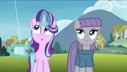 Size: 1136x640 | Tagged: safe, derpibooru import, screencap, maud pie, starlight glimmer, earth pony, pony, unicorn, rock solid friendship, cute, female, glimmerbetes, kite, kite flying, looking up, mare, open mouth