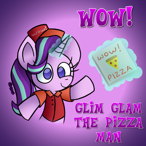 Size: 768x768 | Tagged: artist:snakeythingy, bipedal, cap, clothes, derpibooru import, female, food, glowing horn, gradient background, hat, magic, meat, meme, pepperoni, pepperoni pizza, pizza, pizza box, pizza delivery, pun, safe, smiling, solo, starlight glimmer, telekinesis, wow, wow! glimmer