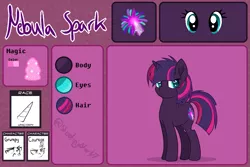 Size: 1009x675 | Tagged: safe, artist:shootingstaryt, derpibooru import, oc, oc:nebula spark, unofficial characters only, pony, unicorn, my little pony: the movie, female, magical lesbian spawn, mare, next generation, offspring, parent:tempest shadow, parent:twilight sparkle, parents:tempestlight, reference sheet, solo