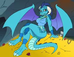 Size: 1280x989 | Tagged: anthro, artist:ambris, artist:flawlessvictory20, bedroom eyes, breasts, busty princess ember, cave, clothes, colored, color edit, derpibooru import, dragon, dragon hoard, dragon lord ember, edit, female, grin, hoard, jewels, looking at you, princess ember, safe, smiling, spread wings, treasure, wings