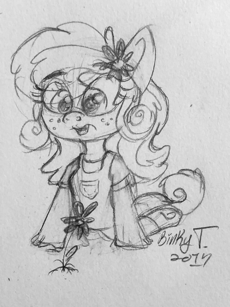 Size: 1667x2221 | Tagged: safe, artist:binkyt11, derpibooru import, oc, oc:daphne, unofficial characters only, anthro, pegasus, chibi, female, flower, flower in hair, freckles, headband, monochrome, overalls, solo, traditional art, underhoof