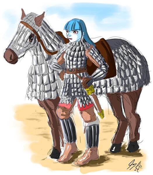 Size: 4416x5056 | Tagged: safe, artist:piojote, derpibooru import, sonata dusk, horse, dazzlings' memories, equestria girls, absurd resolution, achaemenid dynasty, alternate hairstyle, armor, beautiful, cataphract, history, persia, solo