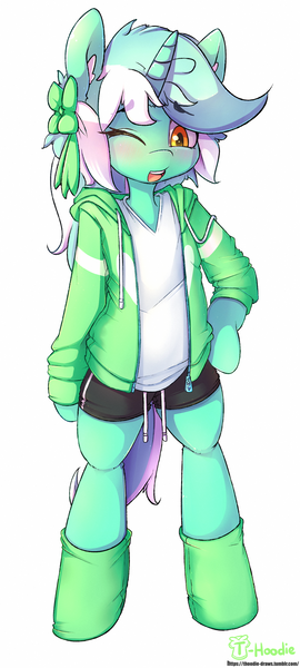 Size: 1353x3005 | Tagged: safe, artist:apony, derpibooru import, lyra heartstrings, pony, semi-anthro, unicorn, bipedal, blushing, clothes, ear fluff, explicit source, female, hoodie, one eye closed, open mouth, ribbon, shirt, shorts, simple background, smiling, socks, solo, white background, wink