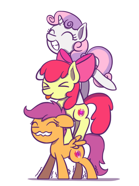 Size: 1350x1800 | Tagged: safe, artist:flutterluv, derpibooru import, apple bloom, scootaloo, sweetie belle, earth pony, pegasus, pony, unicorn, :p, cutie mark crusaders, eyes closed, female, filly, silly, simple background, smiling, stack, this will end in pain, tongue out, tower of pony, transparent background, trio, we bare bears