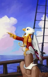 Size: 753x1200 | Tagged: safe, artist:amarynceus, deleted from derpibooru, derpibooru import, oc, oc:der, unofficial characters only, gryphon, admiral, clothes, micro, outdoors, pointing, quarterdeck, ratlines, sailship, ship, smiling, solo