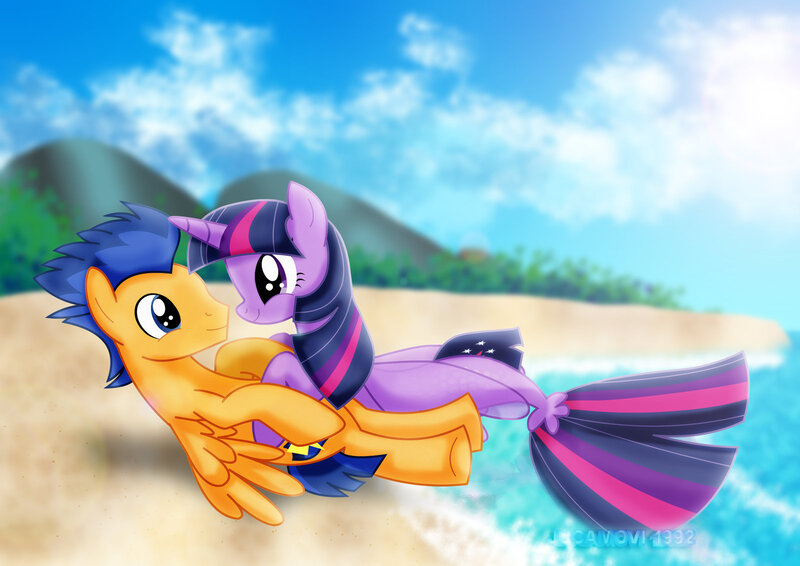 Size: 1600x1131 | Tagged: safe, artist:jucamovi1992, derpibooru import, flash sentry, twilight sparkle, pegasus, pony, seapony (g4), my little pony: the movie, beach, female, fin wings, fins, flashlight, looking at each other, male, seaponified, seapony twilight, shipping, sky, smiling, species swap, stallion, straight, the little mermaid