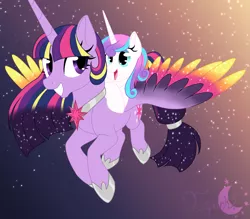 Size: 1911x1675 | Tagged: alicorn, artist:djspark3, artist:shadeila, auntie twilight, base used, colored wings, derpibooru import, flying, multicolored wings, older, ponies riding ponies, princess flurry heart, safe, signature, twilight sparkle, twilight sparkle (alicorn)