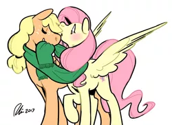 Size: 1280x932 | Tagged: safe, artist:rwl, derpibooru import, applejack, fluttershy, earth pony, pegasus, pony, appleshy, blushing, boop, clothes, cold, cuddling, female, hatless, kissing, lesbian, mare, missing accessory, noseboop, scarf, shared clothing, shared scarf, shipping, simple background, spread wings, white background, wings, winter