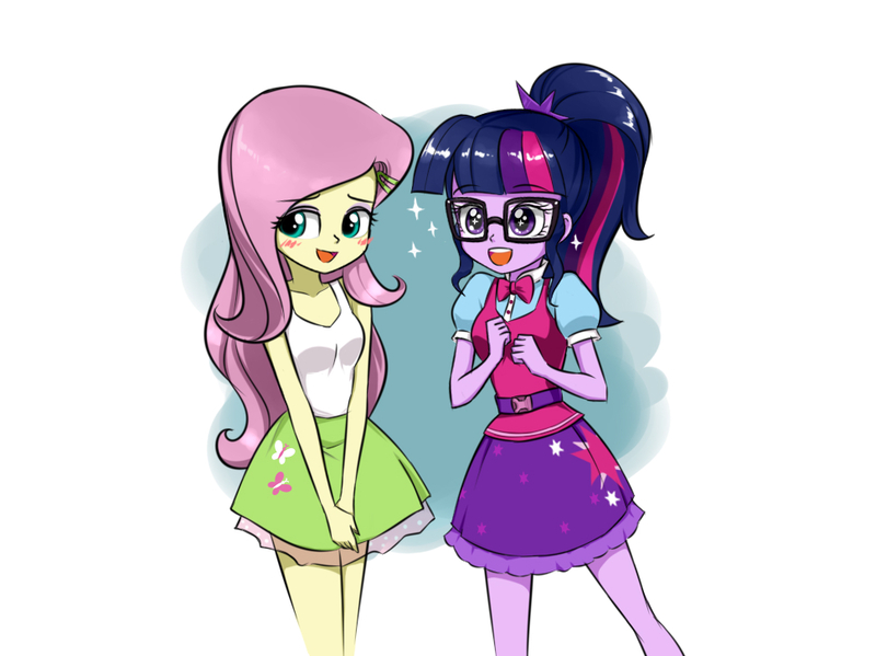 Size: 970x726 | Tagged: safe, artist:twilite-sparkleplz, derpibooru import, fluttershy, sci-twi, twilight sparkle, equestria girls, blushing, clothes, female, glasses, lesbian, looking away, open mouth, ponytail, scitwishy, shipping, simple background, skirt, smiling, starry eyes, tanktop, twishy, white background, wingding eyes