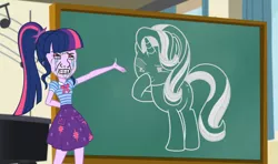 Size: 1460x865 | Tagged: safe, derpibooru import, edit, edited screencap, screencap, sci-twi, starlight glimmer, twilight sparkle, pony, unicorn, equestria girls, equestria girls series, boop, chalkboard, crossing the memes, exploitable meme, feels guy, geode of telekinesis, glimmerposting, meme, sci-twi's chalkboard, self-boop, shitposting, twilight sparkle's chalkboard, wojak