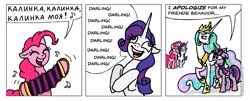 Size: 971x391 | Tagged: safe, artist:gingerfoxy, derpibooru import, pinkie pie, princess celestia, rarity, twilight sparkle, twilight sparkle (alicorn), alicorn, earth pony, pony, unicorn, pony comic generator, accordion, comic, darling, flanderization, kalinka, musical instrument, russian, singing, stereotype