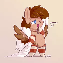 Size: 2433x2400 | Tagged: safe, artist:dsp2003, derpibooru import, oc, oc:cinnamon toast, unofficial characters only, original species, pegasus, plush pony, pony, bipedal, blanket, blushing, chibi, clothes, cute, female, gradient background, key, mare, one eye closed, open mouth, simple background, socks, striped socks, style emulation, tongue out, yawn