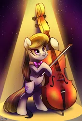 Size: 1500x2200 | Tagged: safe, artist:renokim, derpibooru import, octavia melody, earth pony, pony, bipedal, cello, cute, female, looking up, mare, musical instrument, solo, spotlight