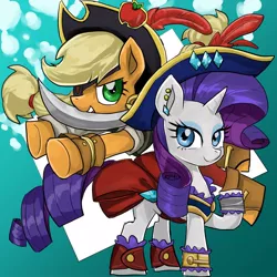 Size: 1000x1000 | Tagged: safe, artist:bojack_mlplove, derpibooru import, applejack, rarity, earth pony, pony, unicorn, clothes, cutlass, duo, female, hat, looking at you, mare, pirate, pirate costume, pirate hat, sword, weapon