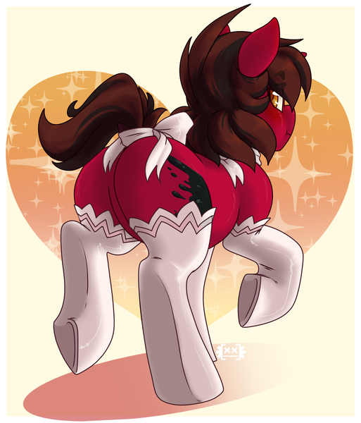 Size: 1709x2000 | Tagged: suggestive, artist:locosaltinc, derpibooru import, oc, oc:grease lightning, unofficial characters only, unicorn, blushing, clothes, embarrassed, female, mare, plot, ribbon, solo, stockings, thigh highs, underhoof