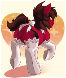 Size: 1709x2000 | Tagged: suggestive, artist:locosaltinc, derpibooru import, oc, oc:grease lightning, unofficial characters only, unicorn, blushing, clothes, embarrassed, female, mare, plot, ribbon, solo, stockings, thigh highs, underhoof