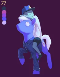 Size: 952x1213 | Tagged: artist:rhorse, challenge, clothes, derpibooru import, oc, oc:anon, patrol, police, pony ride, ride, safe, sleepy, startled, uniform, unofficial characters only