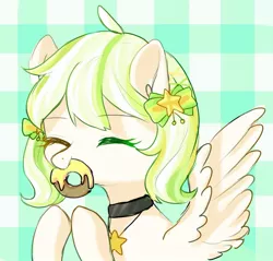 Size: 1150x1100 | Tagged: safe, artist:leafywind, derpibooru import, oc, oc:sugar pea, unofficial characters only, pegasus, pony, bust, choker, donut, eyes closed, female, food, hair ornament, mare, mouth hold, solo, spread wings, wings