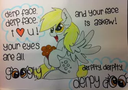 Size: 1988x1404 | Tagged: safe, artist:anonymousnekodos, derpibooru import, derpy hooves, pony, derp face, flower, parry gripp, sitting, solo, song reference, traditional art