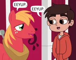 Size: 1368x1080 | Tagged: artist:deaf-machbot, barn, big macintosh, crossover, derpibooru import, eeyup, human, male, marco diaz, safe, speech bubble, star vs the forces of evil, sweet apple acres