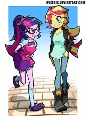 Size: 1950x2750 | Tagged: safe, artist:rvceric, derpibooru import, sci-twi, sunset shimmer, twilight sparkle, equestria girls, arm behind back, belt, boots, bowtie, clothes, glasses, high heel boots, jacket, leather jacket, looking at each other, mary janes, open mouth, pants, ponytail, shirt, shoes, skirt, smiling, socks, vest