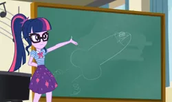 Size: 1460x865 | Tagged: suggestive, derpibooru import, edit, edited screencap, screencap, sci-twi, twilight sparkle, equestria girls, equestria girls series, chalkboard, clothes, meme, not a penis, rocket, skirt, twilight sparkle's chalkboard